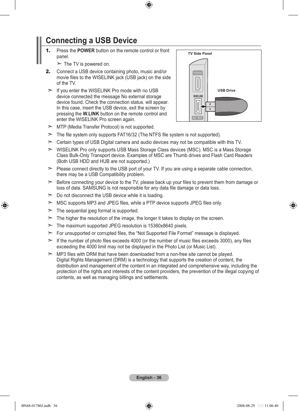 Wiselink pro, Connecting a usb device | Samsung BN68-01780J-00 User Manual | Page 38 / 79