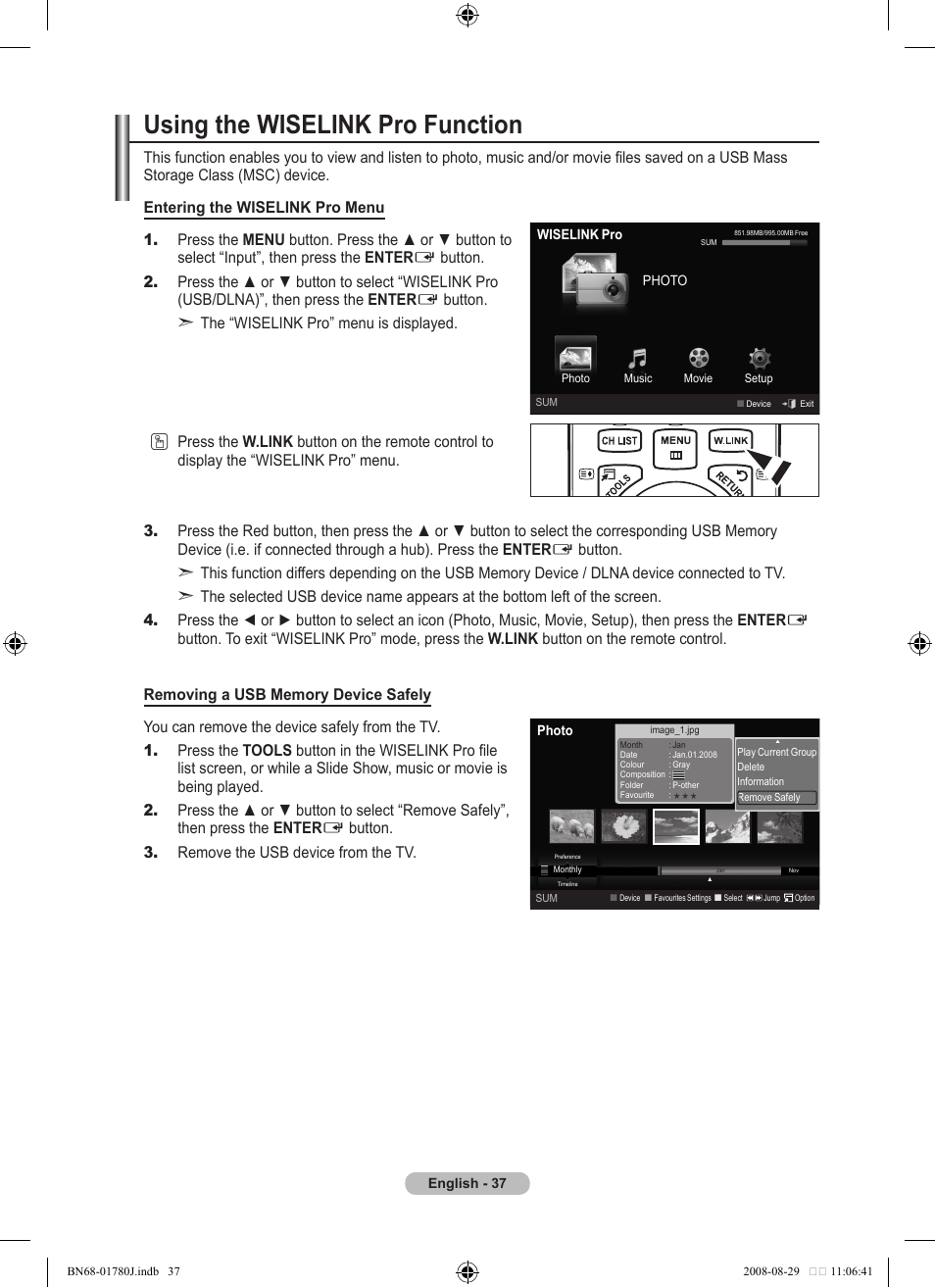Using the wiselink pro function, Button. 3. remove the usb device from the tv | Samsung BN68-01780J-00 User Manual | Page 39 / 79
