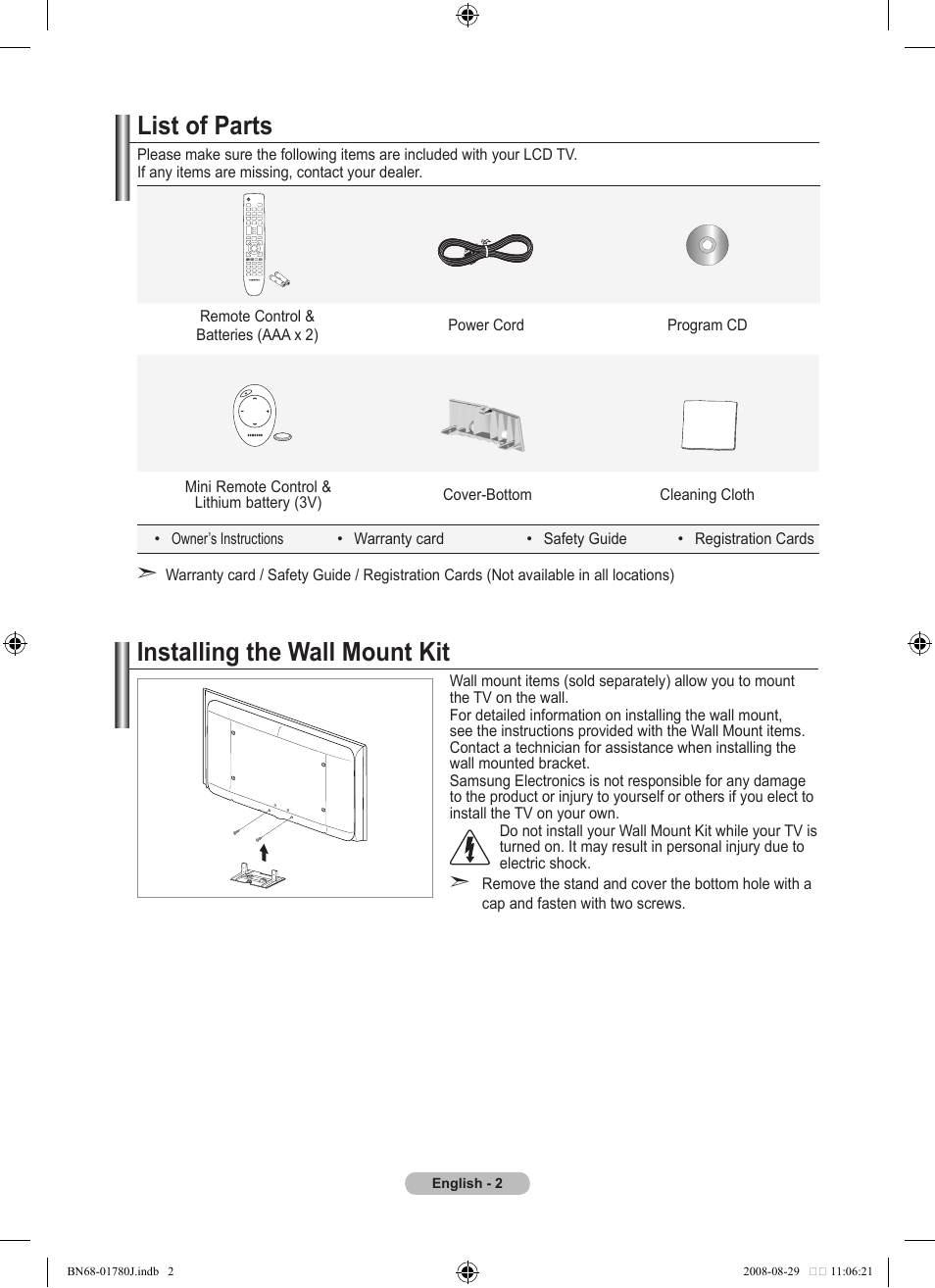 Conecting and preparing your tv, List of parts, Installing the wall mount kit | Samsung BN68-01780J-00 User Manual | Page 4 / 79