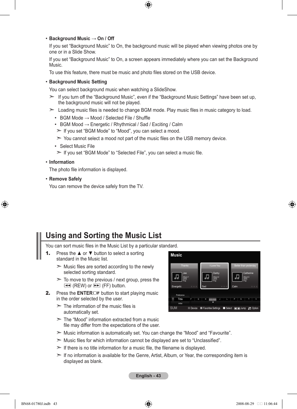 Using and sorting the music list, Rew) or, Ff) button. 2. press the enter | Samsung BN68-01780J-00 User Manual | Page 45 / 79