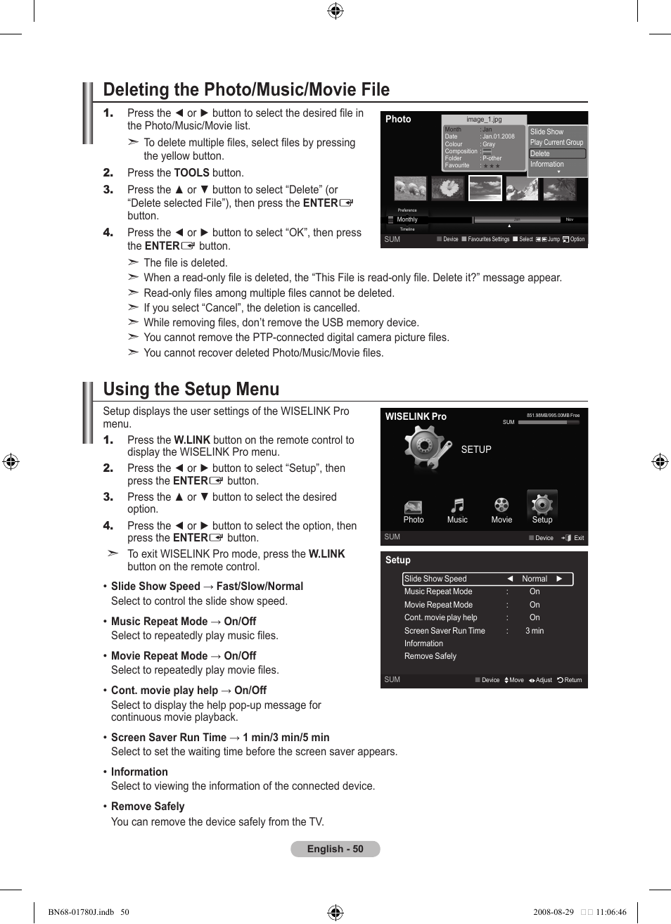 Deleting the photo/music/movie file, Using the setup menu | Samsung BN68-01780J-00 User Manual | Page 52 / 79