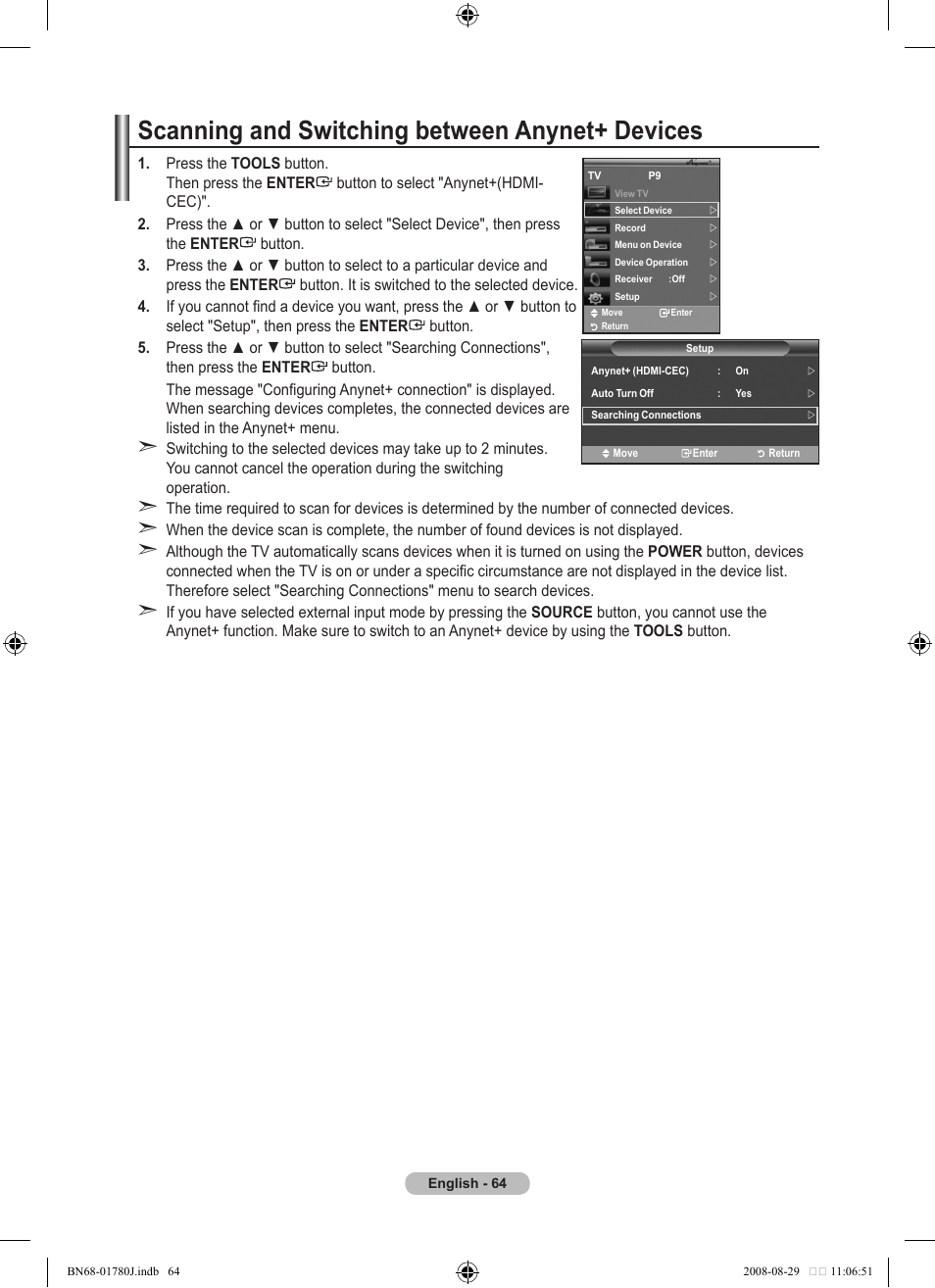 Scanning and switching between anynet+ devices | Samsung BN68-01780J-00 User Manual | Page 66 / 79