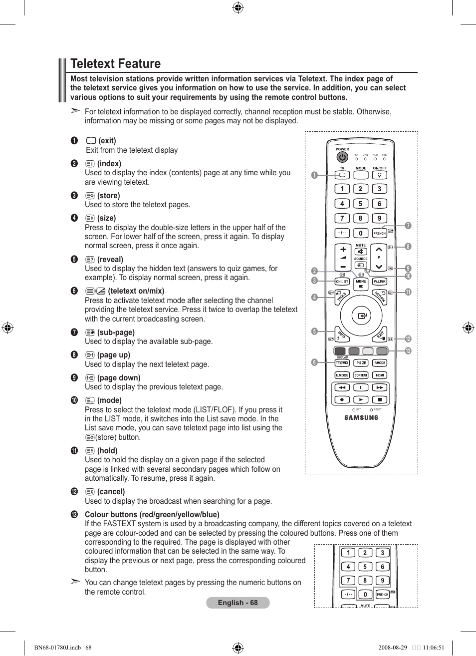 Recomendations for use, Teletext feature | Samsung BN68-01780J-00 User Manual | Page 70 / 79