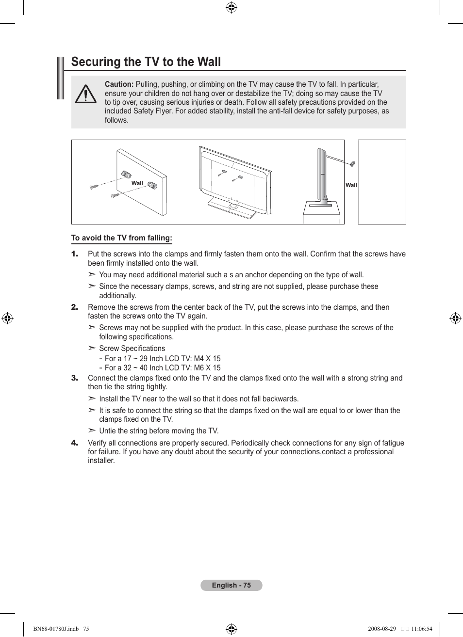 Securing the tv to the wall | Samsung BN68-01780J-00 User Manual | Page 77 / 79