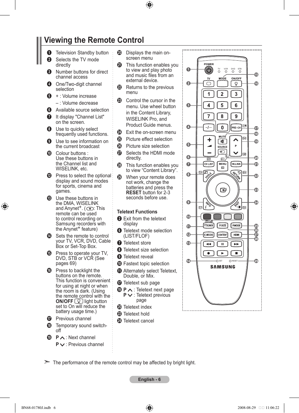 Viewing the remote control | Samsung BN68-01780J-00 User Manual | Page 8 / 79