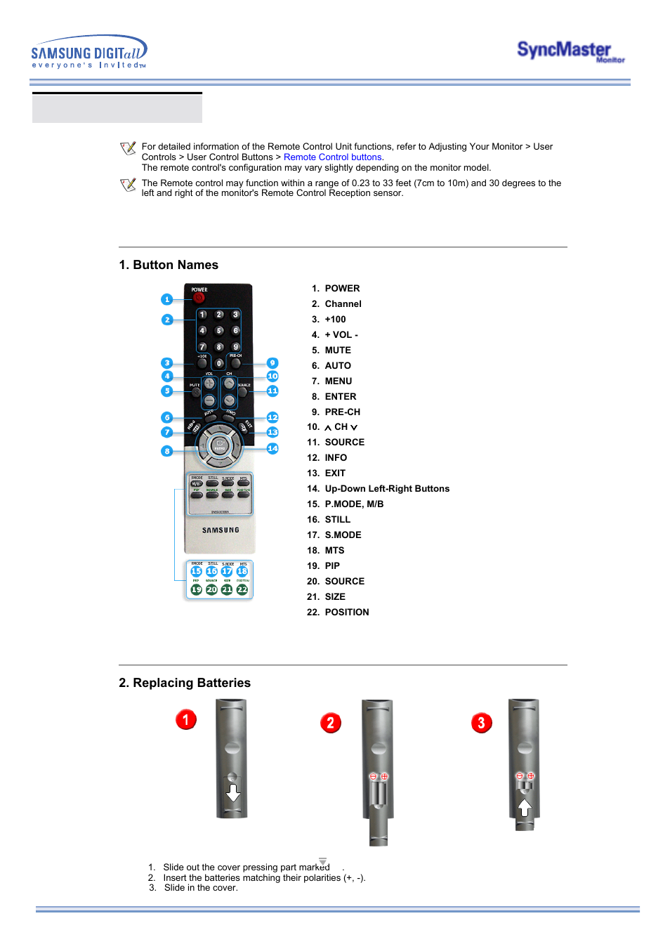 Remote control, Button names, Replacing batteries | Samsung 173MP User Manual | Page 14 / 64
