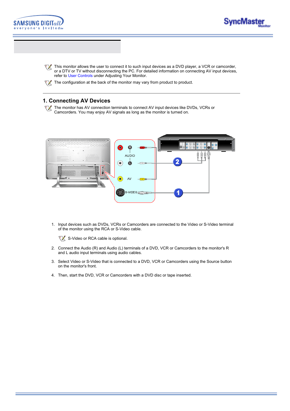 Connecting your monitor, Connecting av devices | Samsung 173MP User Manual | Page 16 / 64