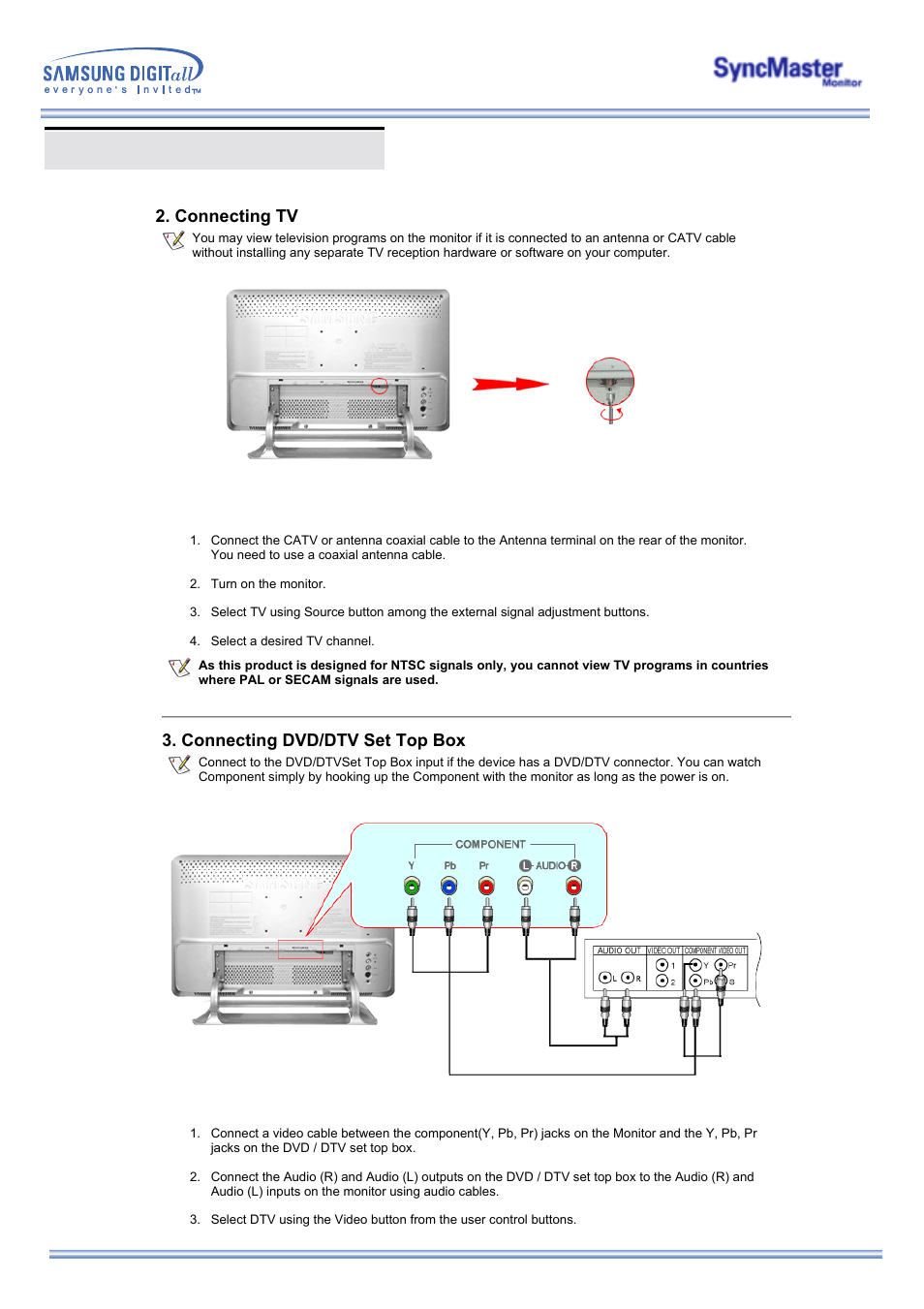 Connecting your monitor, Connecting dvd/dtv set top box, Connecting tv | Samsung 173MP User Manual | Page 17 / 64