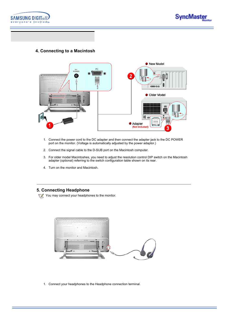Connecting your monitor, Connecting to a macintosh, Connecting headphone | Samsung 173MP User Manual | Page 18 / 64