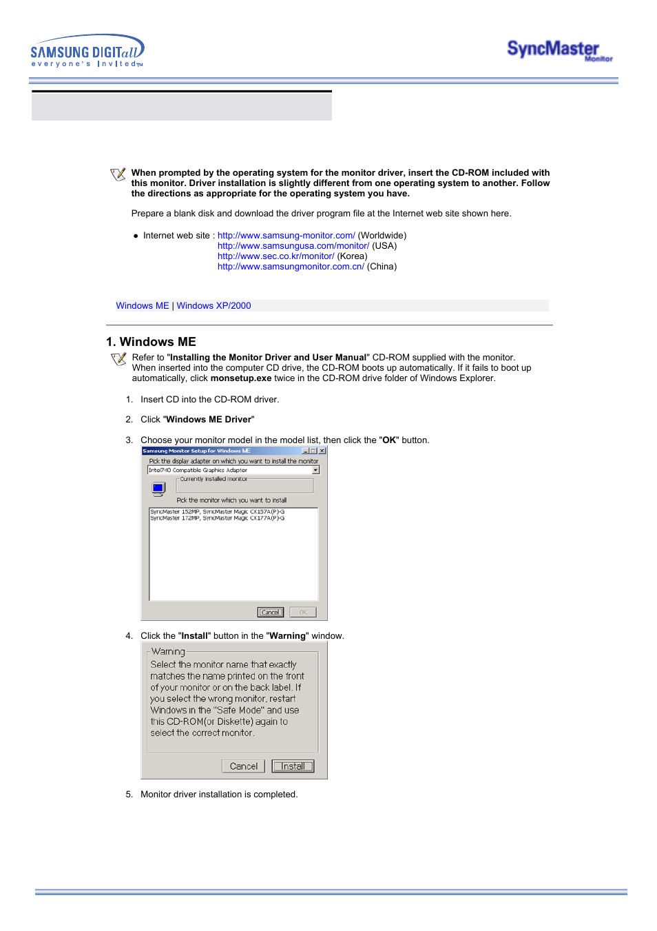 Installing the monitor driver, Windows me | Samsung 173MP User Manual | Page 20 / 64