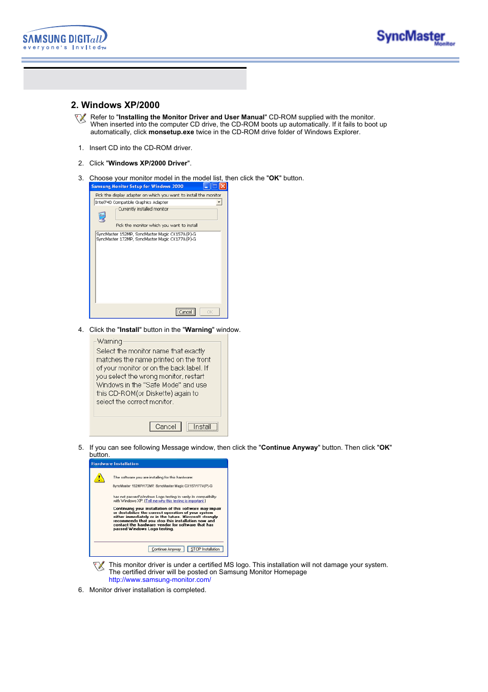 Installing the monitor driver, Windows xp/2000 | Samsung 173MP User Manual | Page 21 / 64