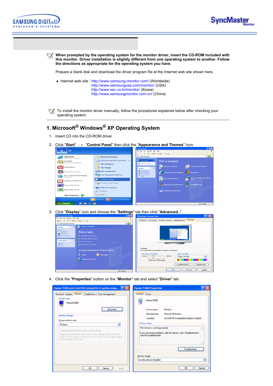 Installing the monitor driver, Microsoft, Windows | Xp operating system | Samsung 173MP User Manual | Page 22 / 64