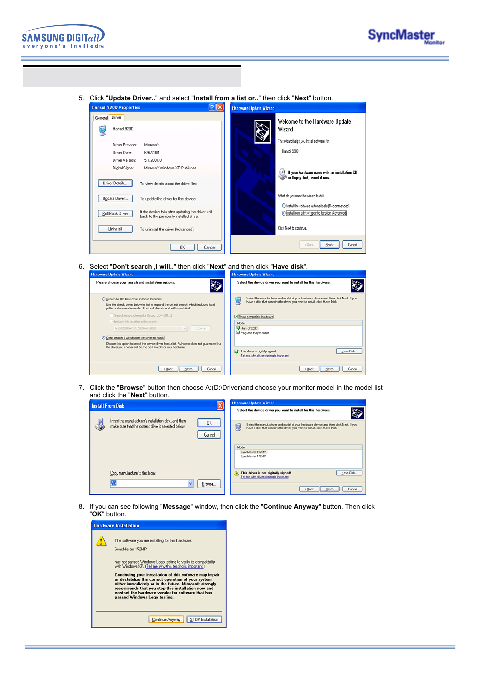Installing the monitor driver | Samsung 173MP User Manual | Page 23 / 64