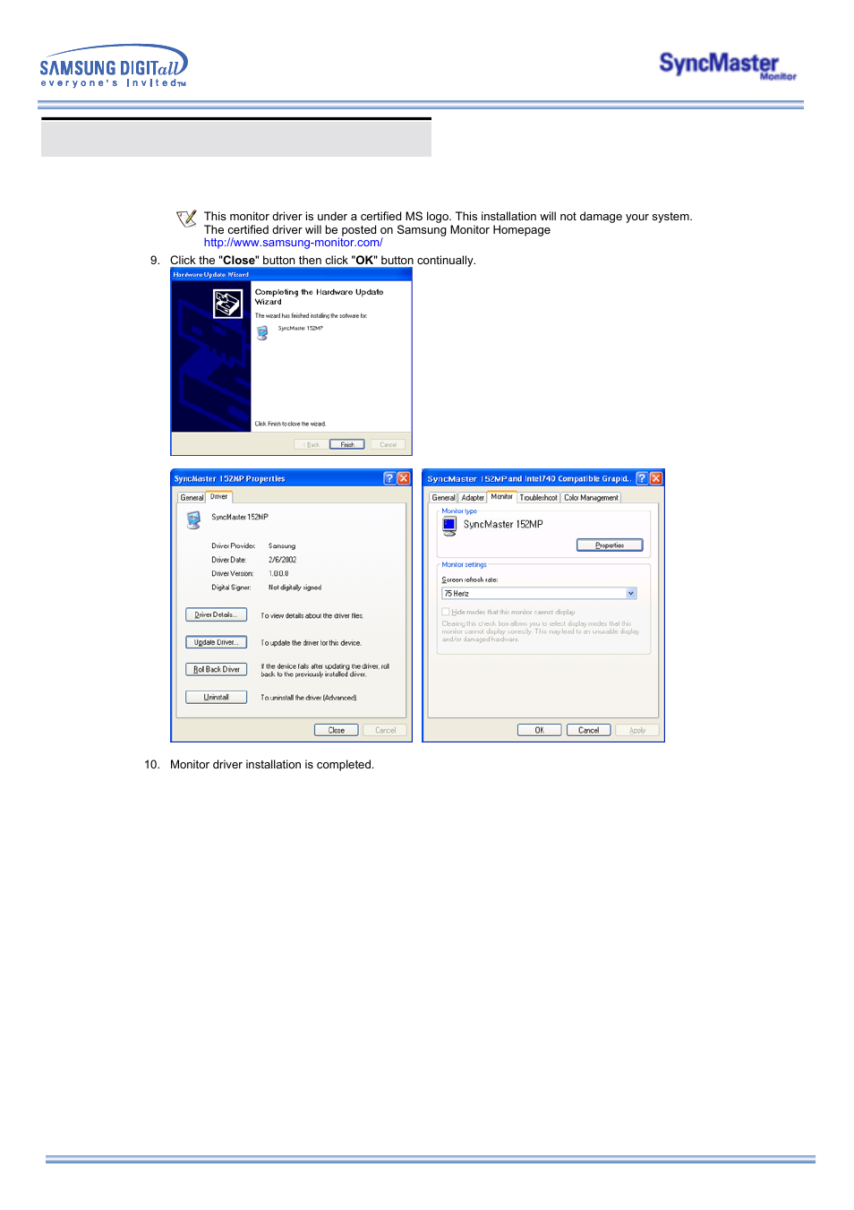 Installing the monitor driver | Samsung 173MP User Manual | Page 24 / 64