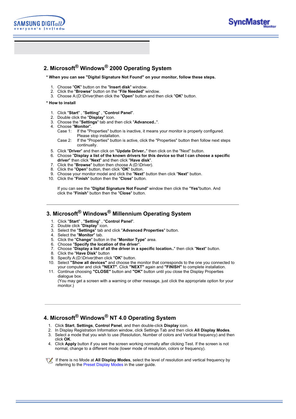 Installing the monitor driver, Microsoft, Windows | 2000 operating system, Millennium operating system, Nt 4.0 operating system | Samsung 173MP User Manual | Page 25 / 64