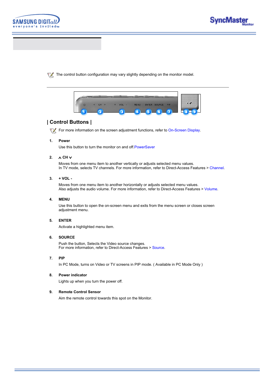 Adjusting your monitor, User control buttons, Control buttons | Samsung 173MP User Manual | Page 28 / 64