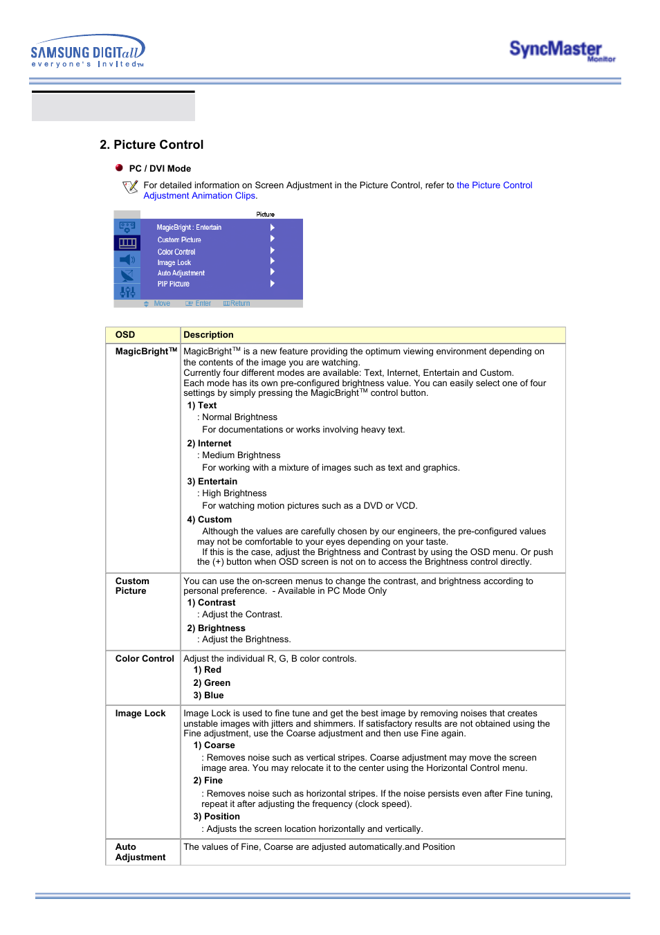 Osd functions, Picture control | Samsung 173MP User Manual | Page 36 / 64