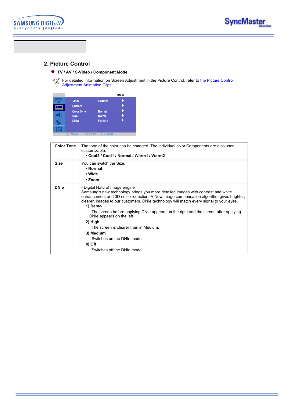 Osd functions, Picture control | Samsung 173MP User Manual | Page 38 / 64