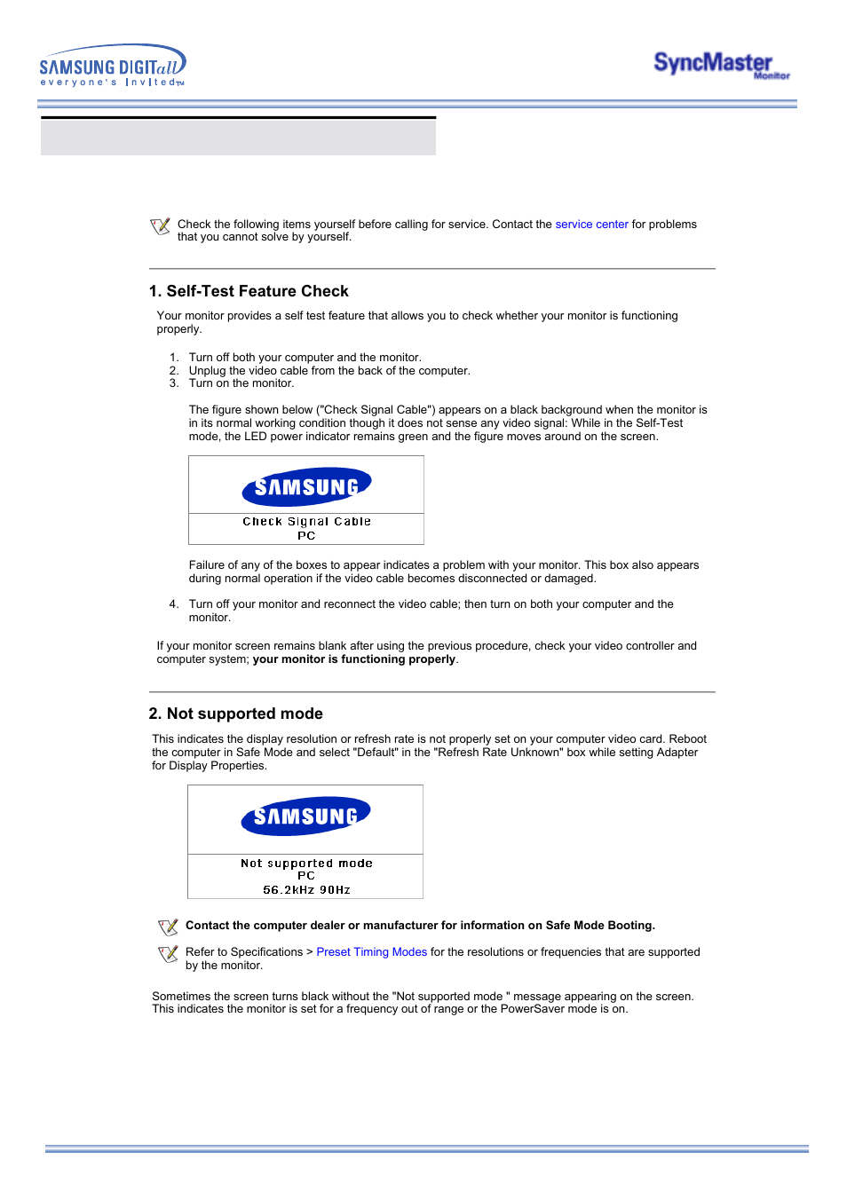 Troubleshooting, Check before calling for service, Self-test feature check | Not supported mode | Samsung 173MP User Manual | Page 42 / 64