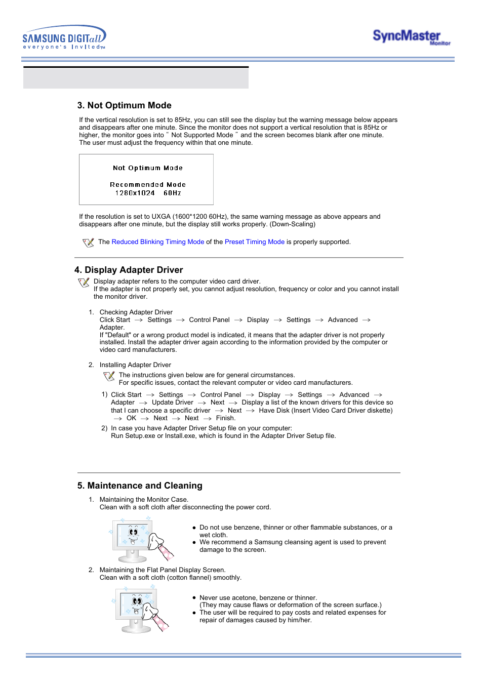 Check before calling for service, Not optimum mode, Display adapter driver | Maintenance and cleaning | Samsung 173MP User Manual | Page 43 / 64