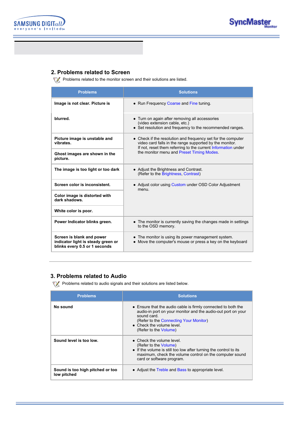 Problems and solutions, Problems related to screen, Problems related to audio | Samsung 173MP User Manual | Page 46 / 64