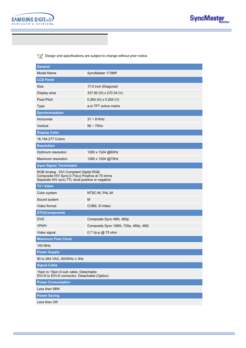 Specifications, General specifications | Samsung 173MP User Manual | Page 49 / 64