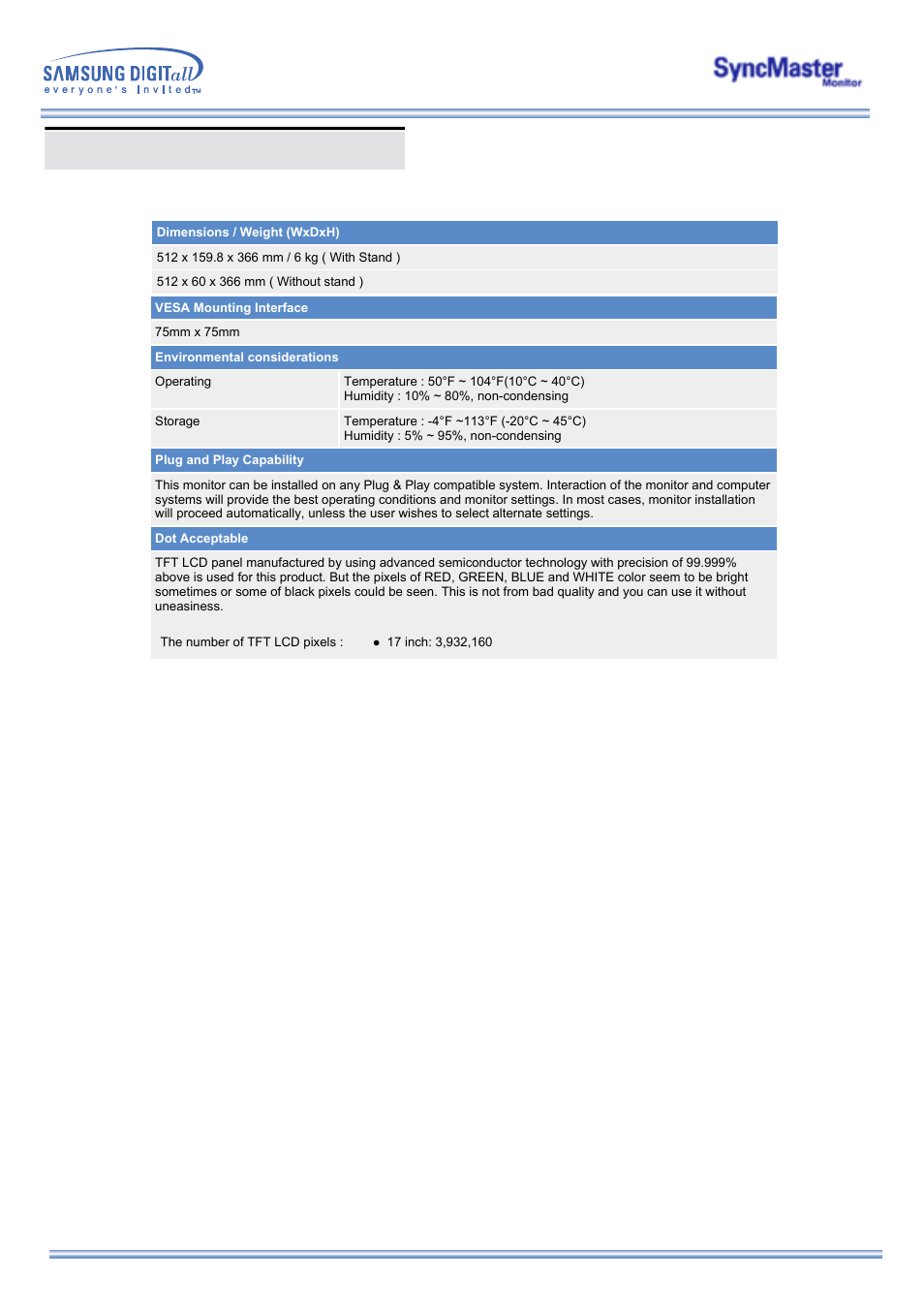 General specifications | Samsung 173MP User Manual | Page 50 / 64