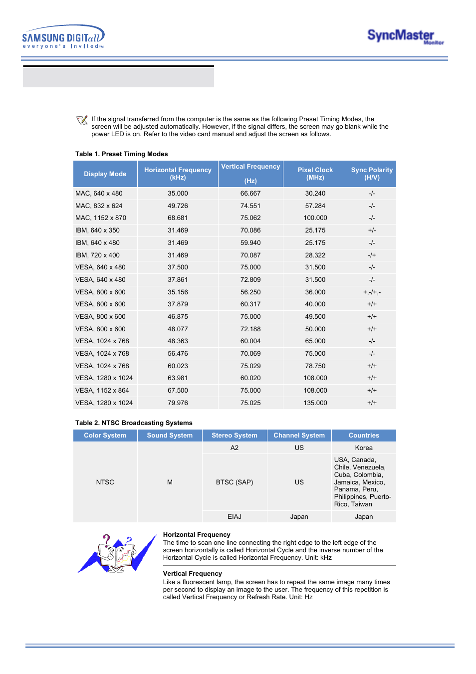 Preset timing modes | Samsung 173MP User Manual | Page 52 / 64