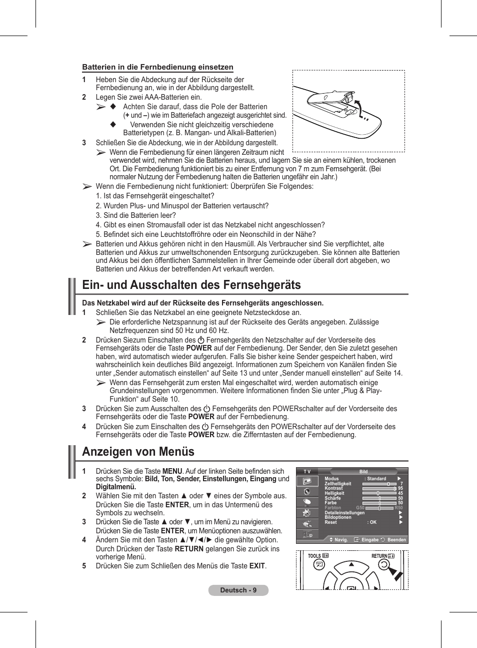 Ein- und ausschalten des fernsehgeräts, Anzeigen von menüs | Samsung BN68-01416A-00 User Manual | Page 115 / 425