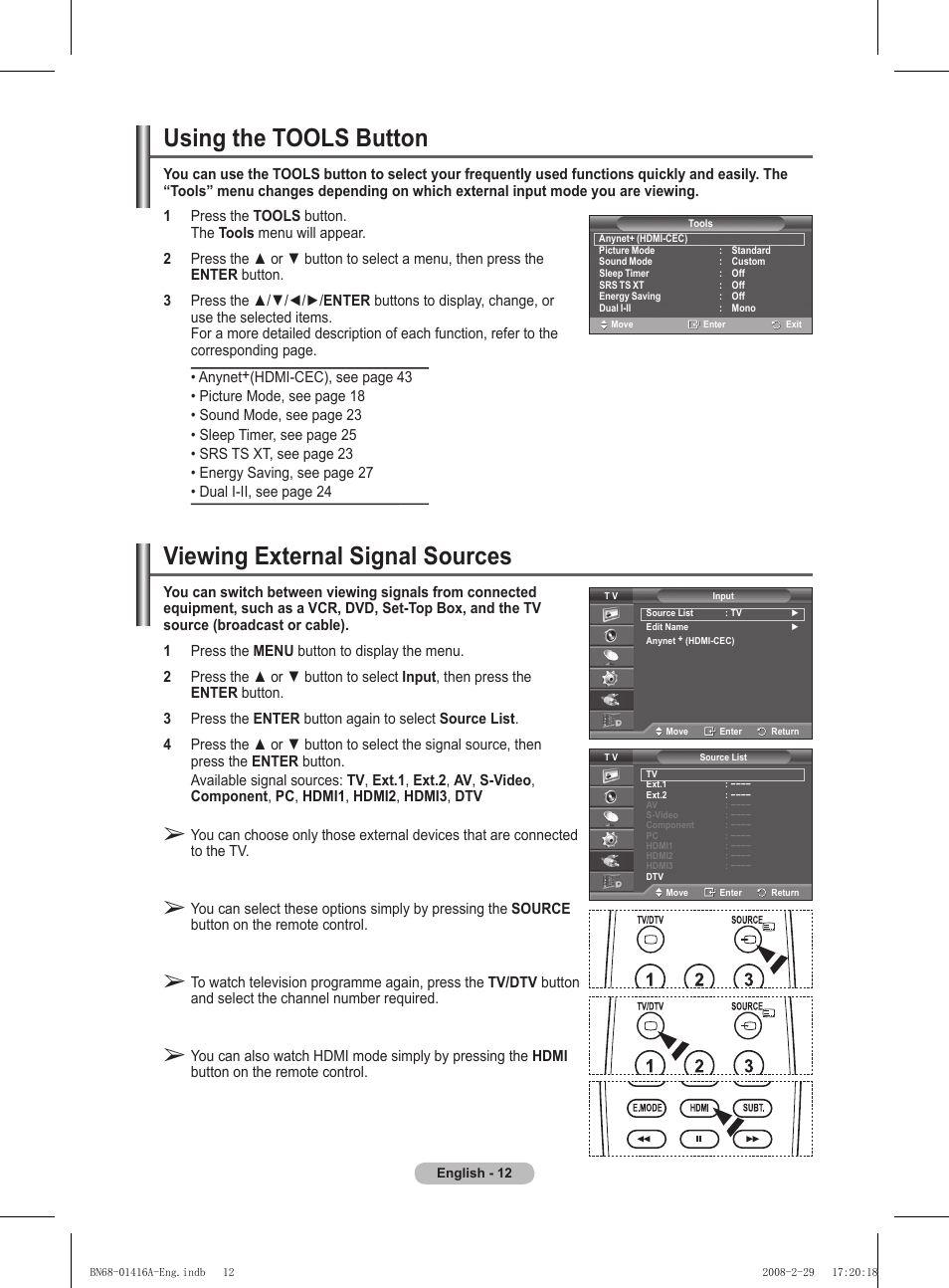 Using the tools button, Viewing external signal sources | Samsung BN68-01416A-00 User Manual | Page 12 / 425