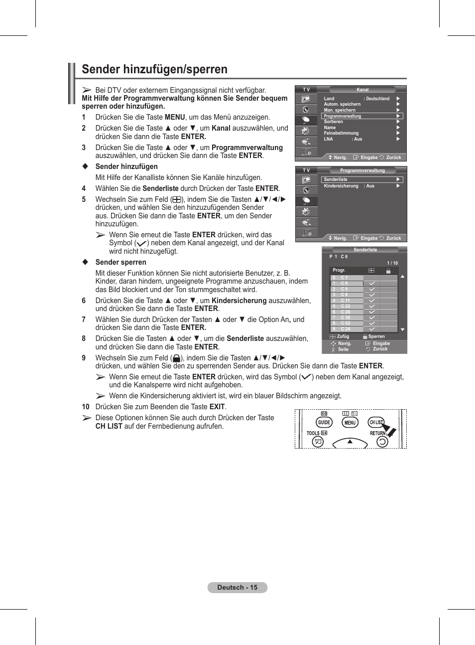 Sender hinzufügen/sperren | Samsung BN68-01416A-00 User Manual | Page 121 / 425