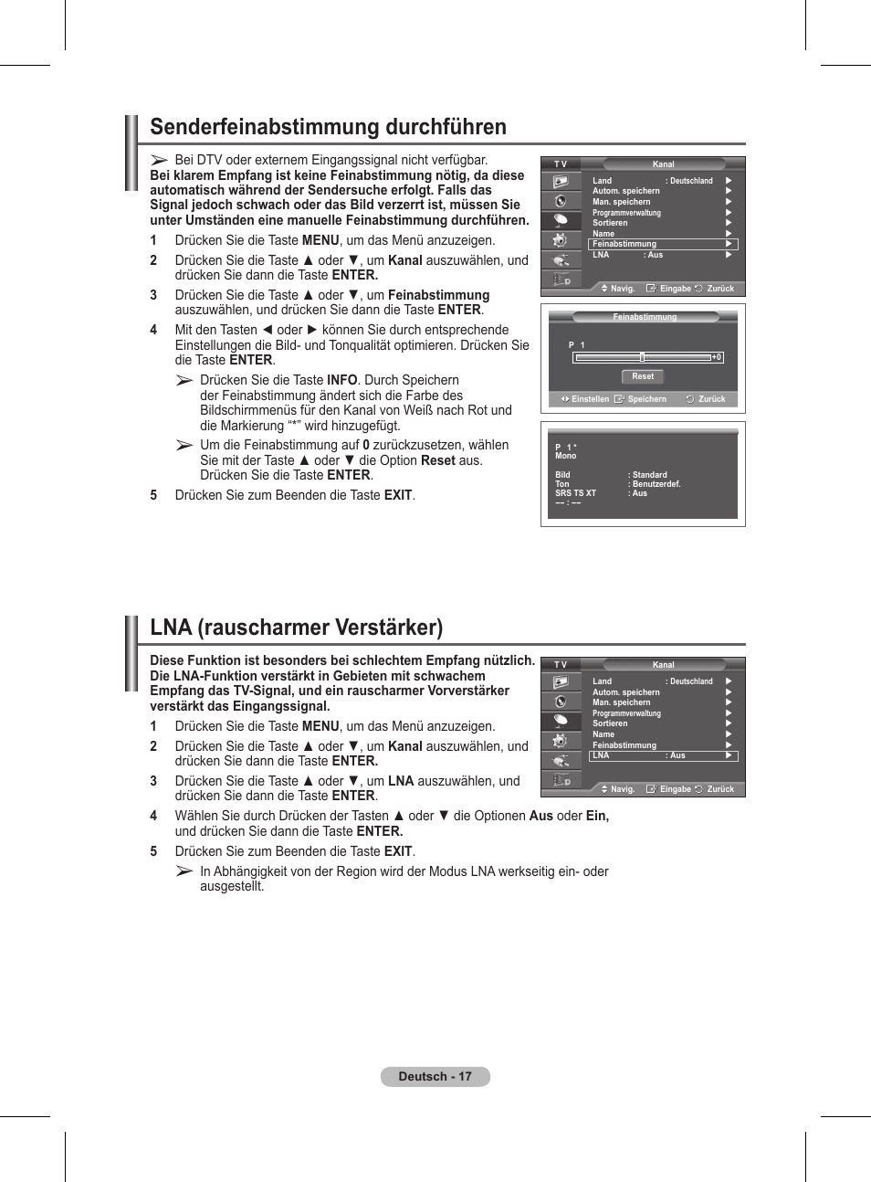 Senderfeinabstimmung durchführen, Lna (rauscharmer verstärker) | Samsung BN68-01416A-00 User Manual | Page 123 / 425