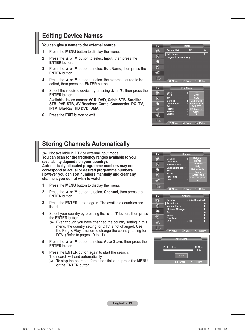 Editing device names, Storing channels automatically | Samsung BN68-01416A-00 User Manual | Page 13 / 425