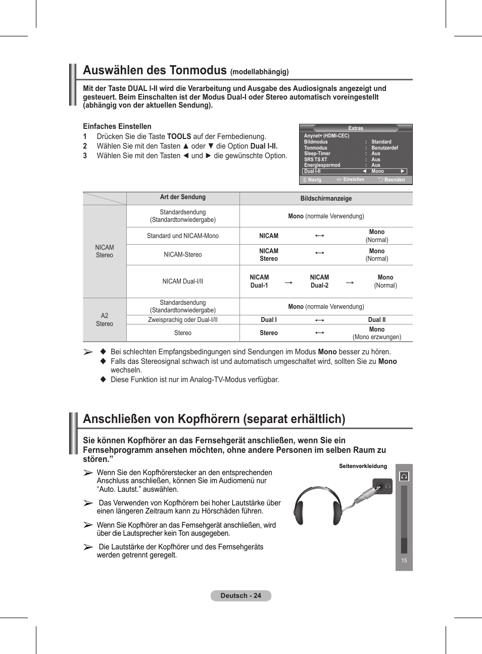 Auswählen des tonmodus, Anschließen von kopfhörern (separat erhältlich) | Samsung BN68-01416A-00 User Manual | Page 130 / 425