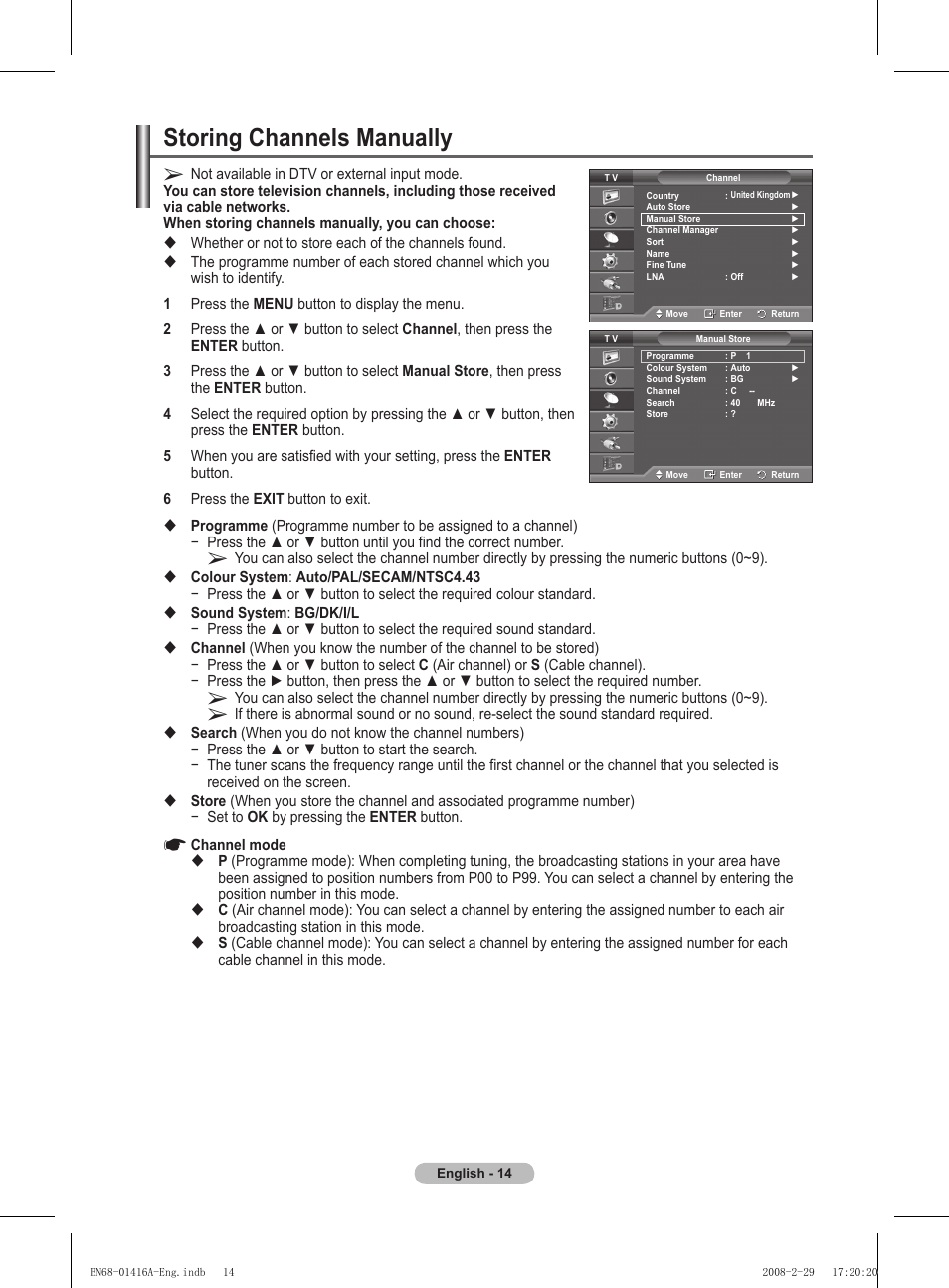 Storing channels manually | Samsung BN68-01416A-00 User Manual | Page 14 / 425