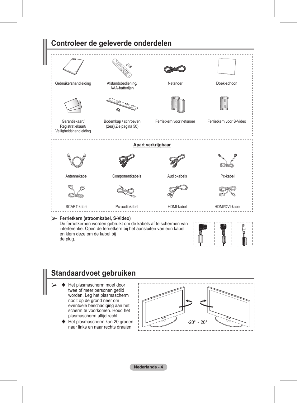 Standaardvoet gebruiken, Controleer de geleverde onderdelen | Samsung BN68-01416A-00 User Manual | Page 163 / 425