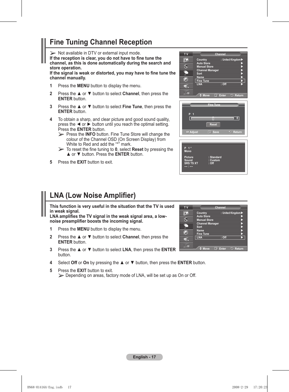 Fine tuning channel reception, Lna (low noise amplifier) | Samsung BN68-01416A-00 User Manual | Page 17 / 425