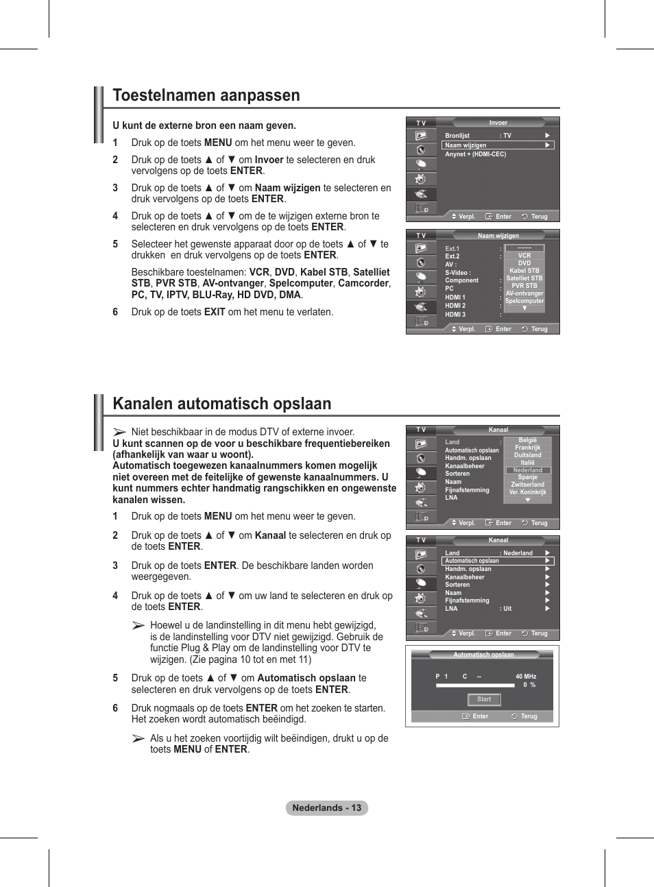 Kanalen automatisch opslaan, Toestelnamen aanpassen | Samsung BN68-01416A-00 User Manual | Page 172 / 425