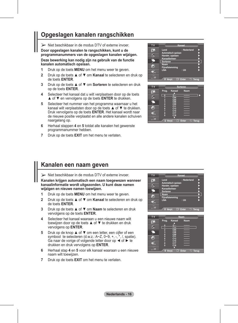 Opgeslagen kanalen rangschikken, Kanalen een naam geven | Samsung BN68-01416A-00 User Manual | Page 175 / 425