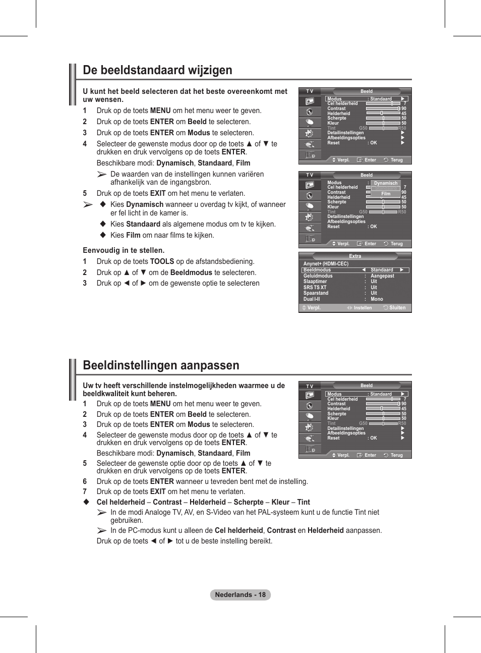 De beeldstandaard wijzigen, Beeldinstellingen aanpassen, Kies standaard als algemene modus om tv te kijken | Samsung BN68-01416A-00 User Manual | Page 177 / 425