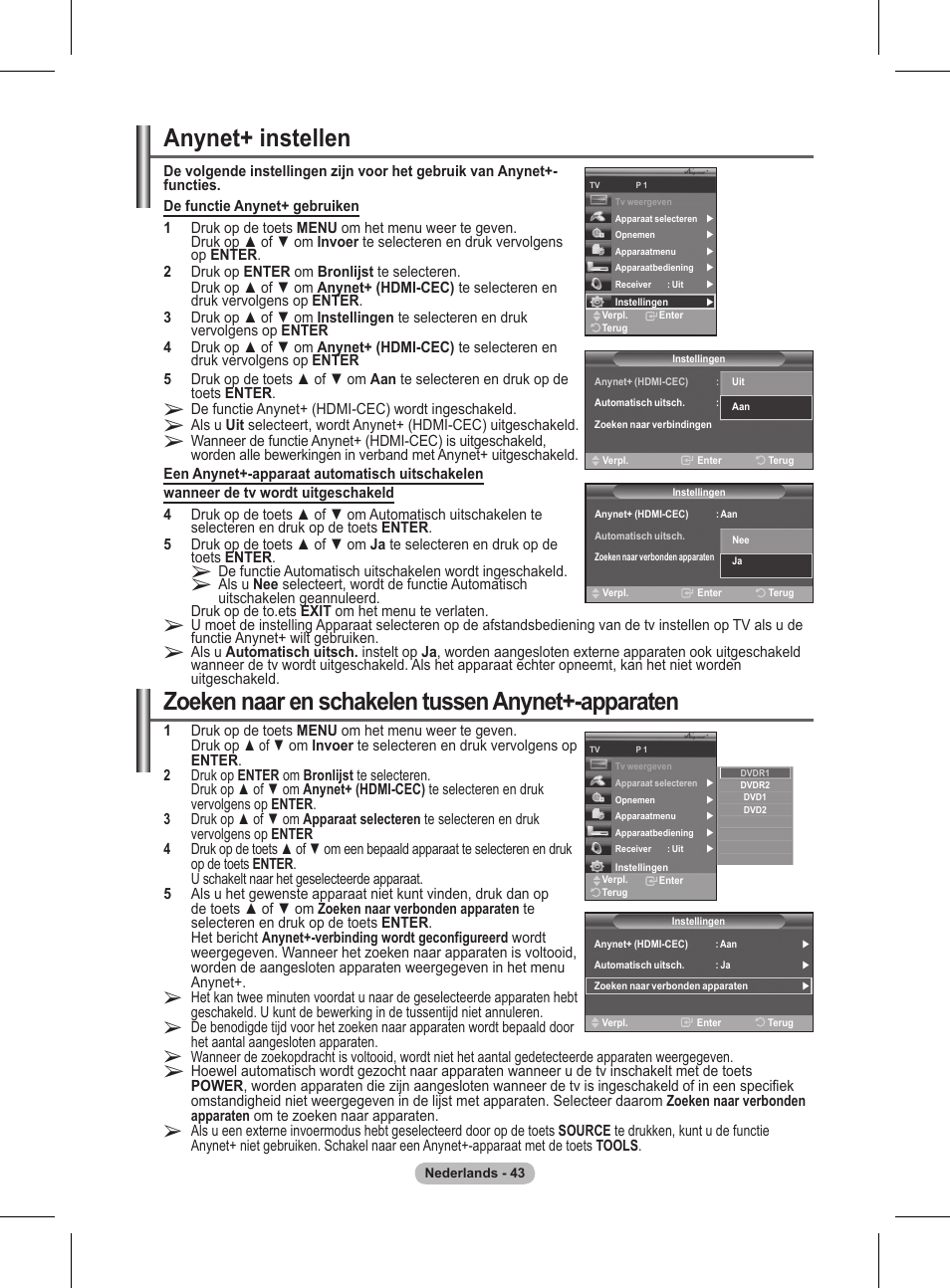 Anynet+ instellen, Zoeken naar en schakelen tussen anynet+-apparaten | Samsung BN68-01416A-00 User Manual | Page 202 / 425
