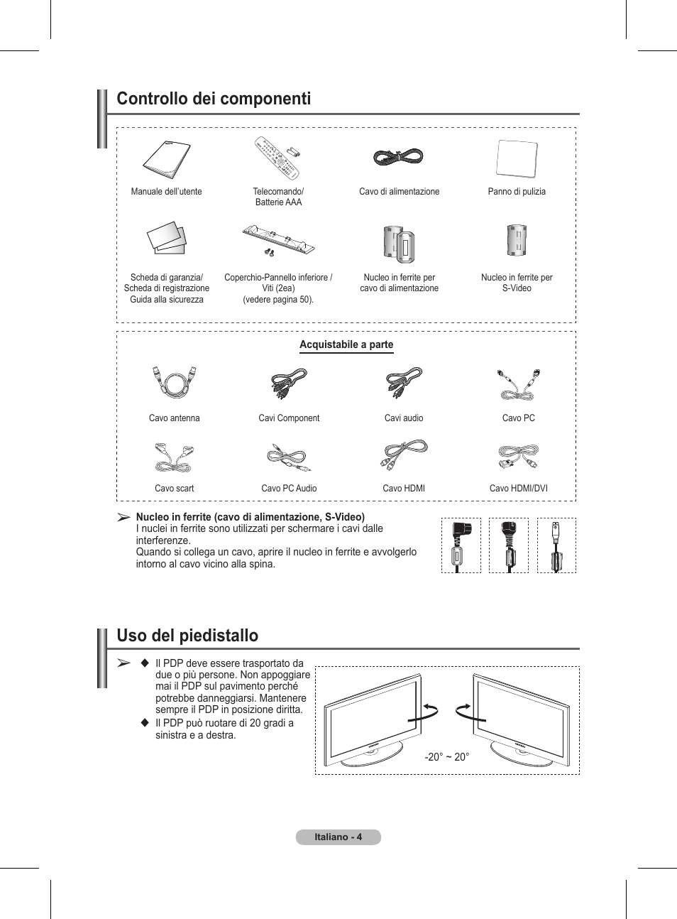 Uso del piedistallo, Controllo dei componenti | Samsung BN68-01416A-00 User Manual | Page 216 / 425