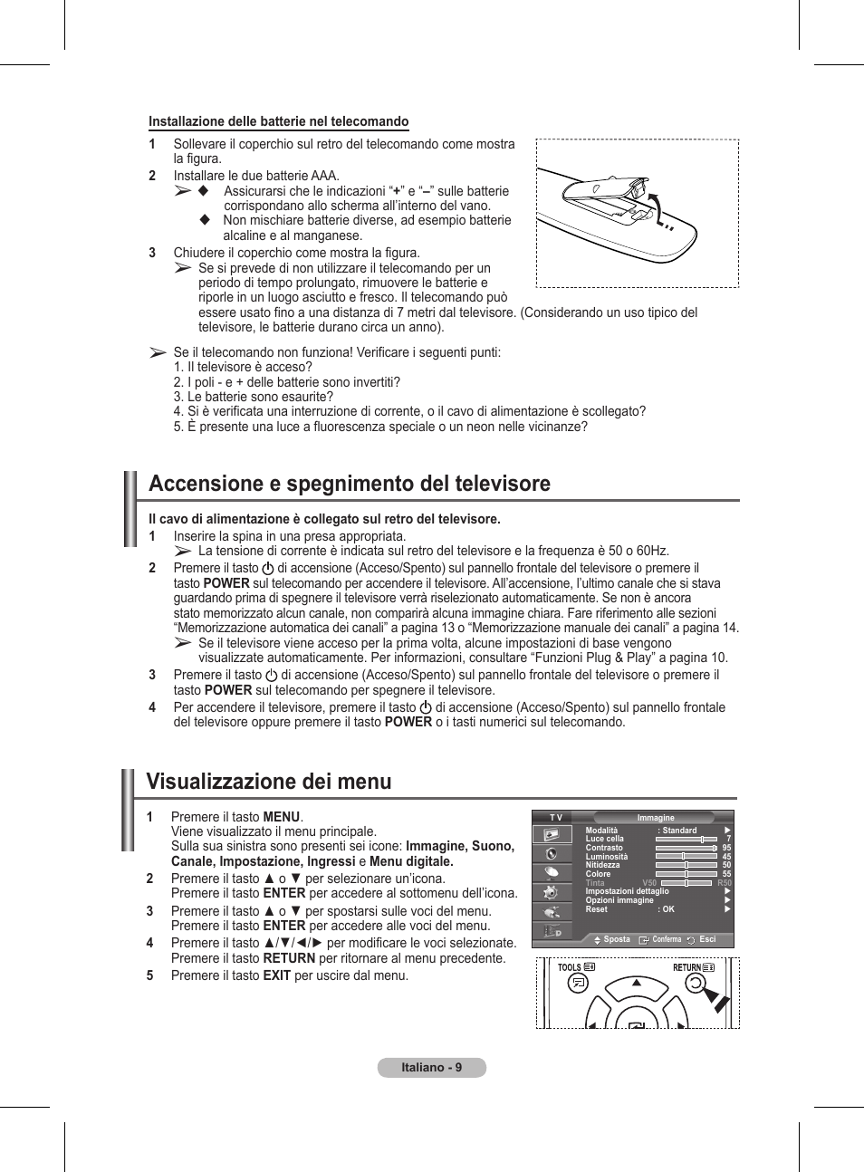 Accensione e spegnimento del televisore, Visualizzazione dei menu | Samsung BN68-01416A-00 User Manual | Page 221 / 425