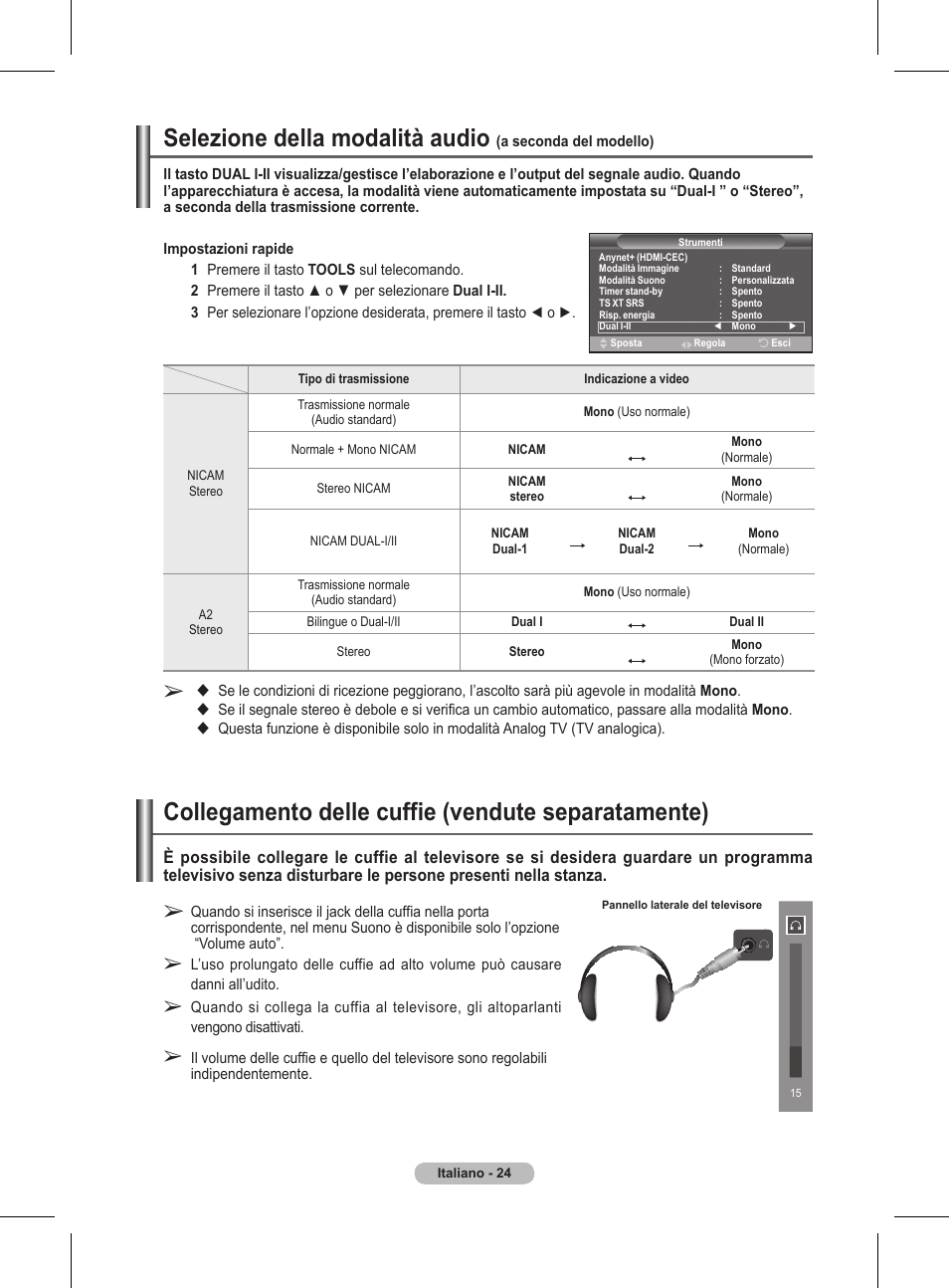Selezione della modalità audio, Collegamento delle cuffie (vendute separatamente) | Samsung BN68-01416A-00 User Manual | Page 236 / 425