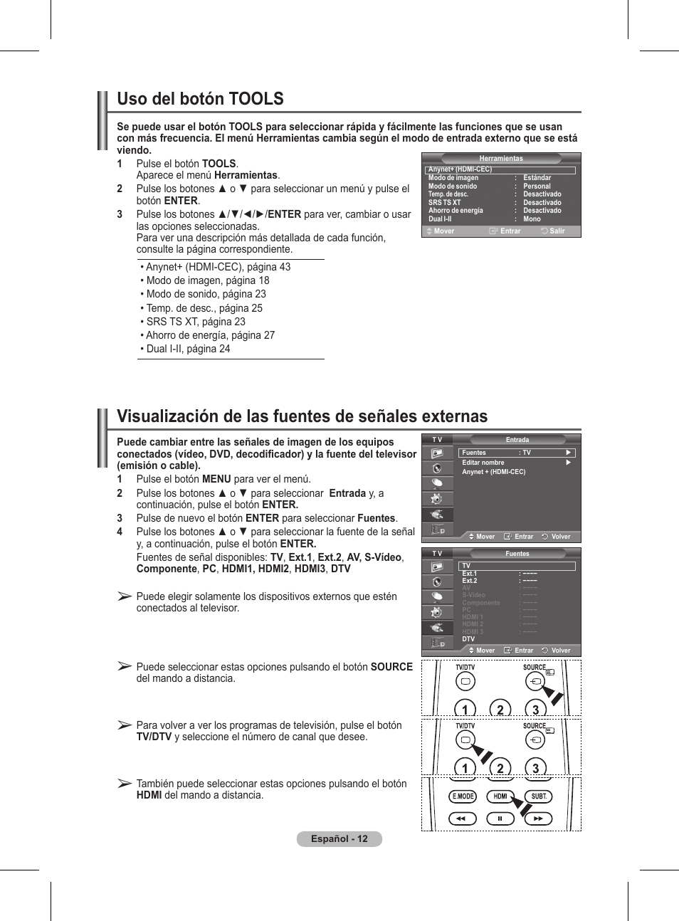 Uso del botón tools, Visualización de las fuentes de señales externas | Samsung BN68-01416A-00 User Manual | Page 277 / 425