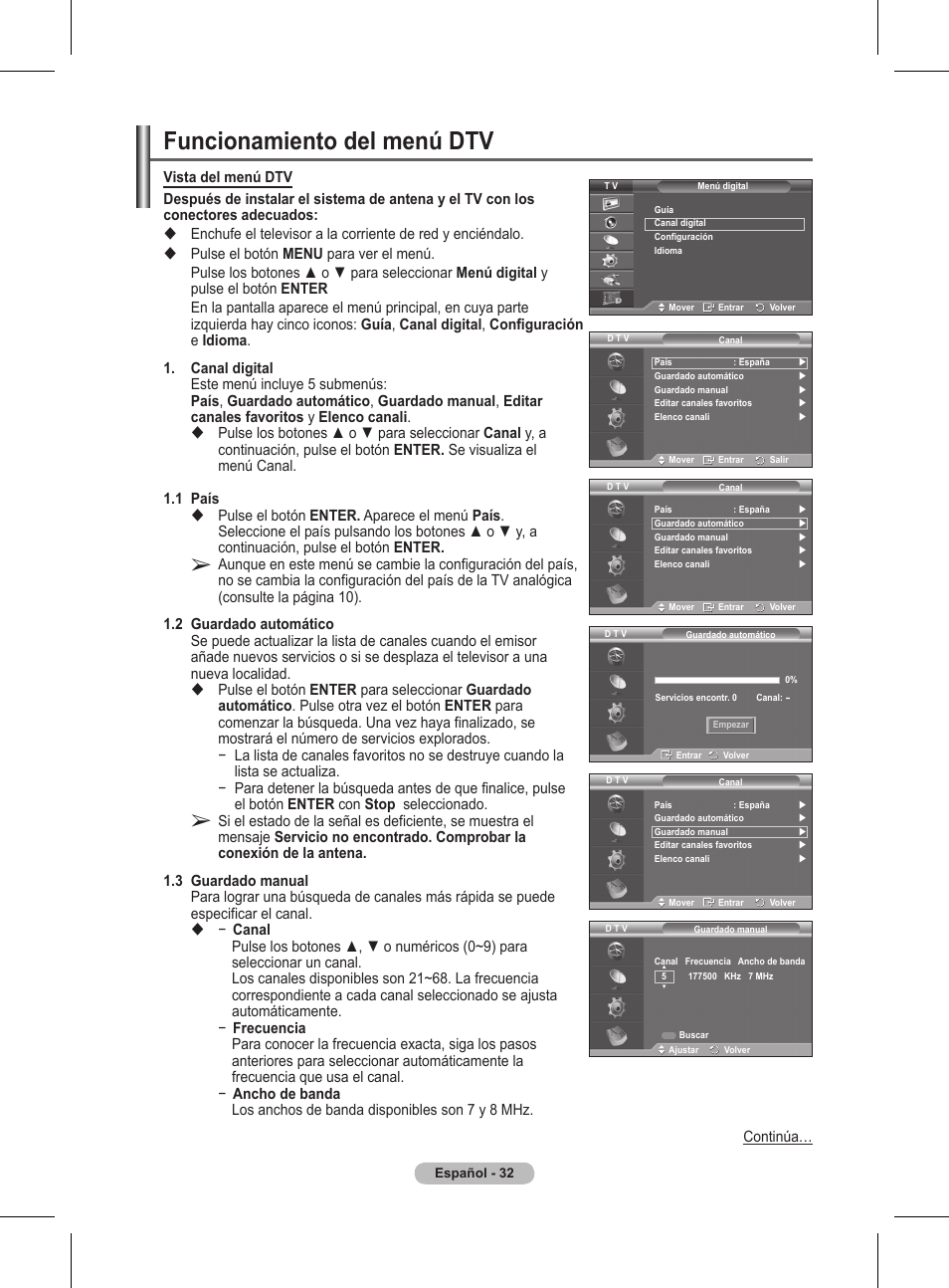 Funcionamiento del menú dtv | Samsung BN68-01416A-00 User Manual | Page 297 / 425