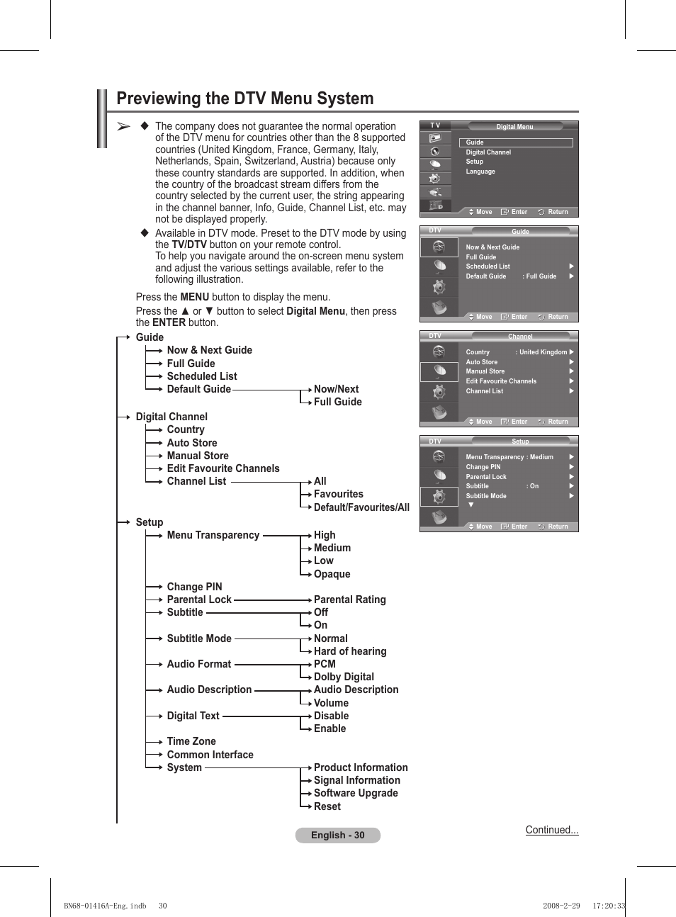 Previewing the dtv menu system | Samsung BN68-01416A-00 User Manual | Page 30 / 425