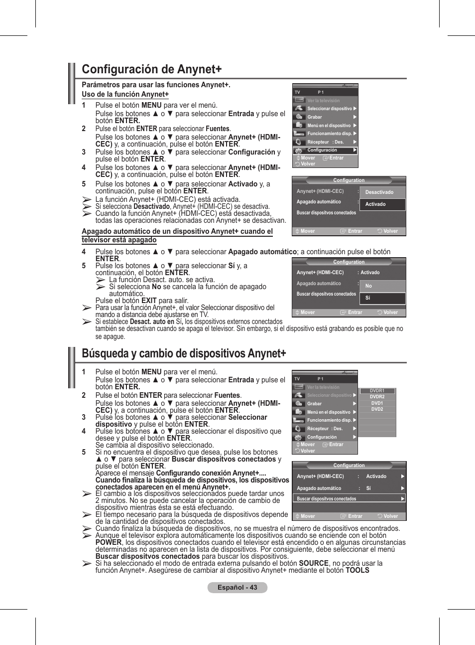 Configuración de anynet, Búsqueda y cambio de dispositivos anynet | Samsung BN68-01416A-00 User Manual | Page 308 / 425