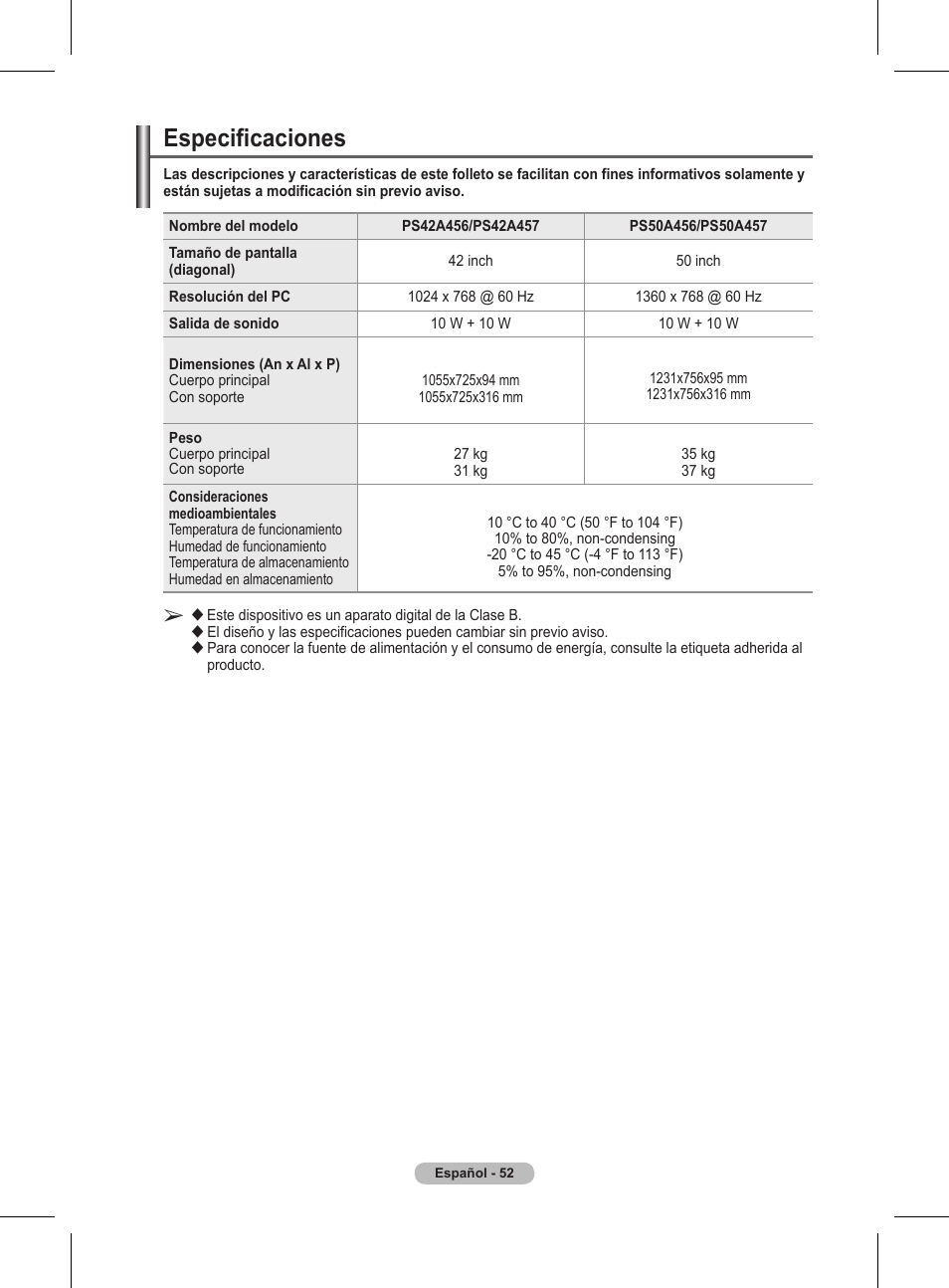 Especificaciones | Samsung BN68-01416A-00 User Manual | Page 317 / 425