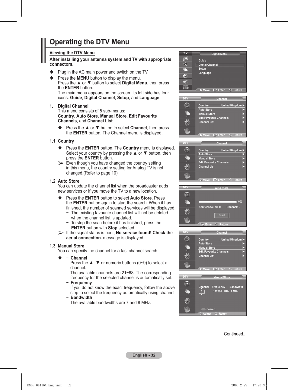 Operating the dtv menu | Samsung BN68-01416A-00 User Manual | Page 32 / 425